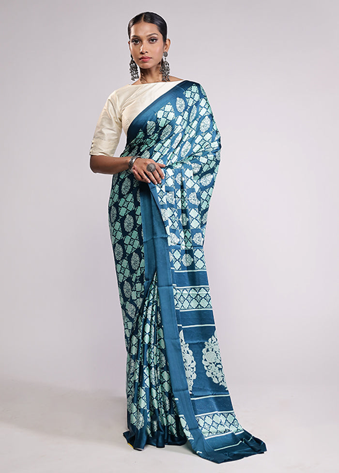 Blue Printed Silk Saree Without Blouse Piece