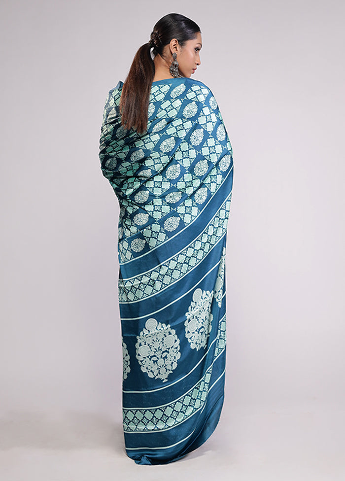 Blue Printed Silk Saree Without Blouse Piece