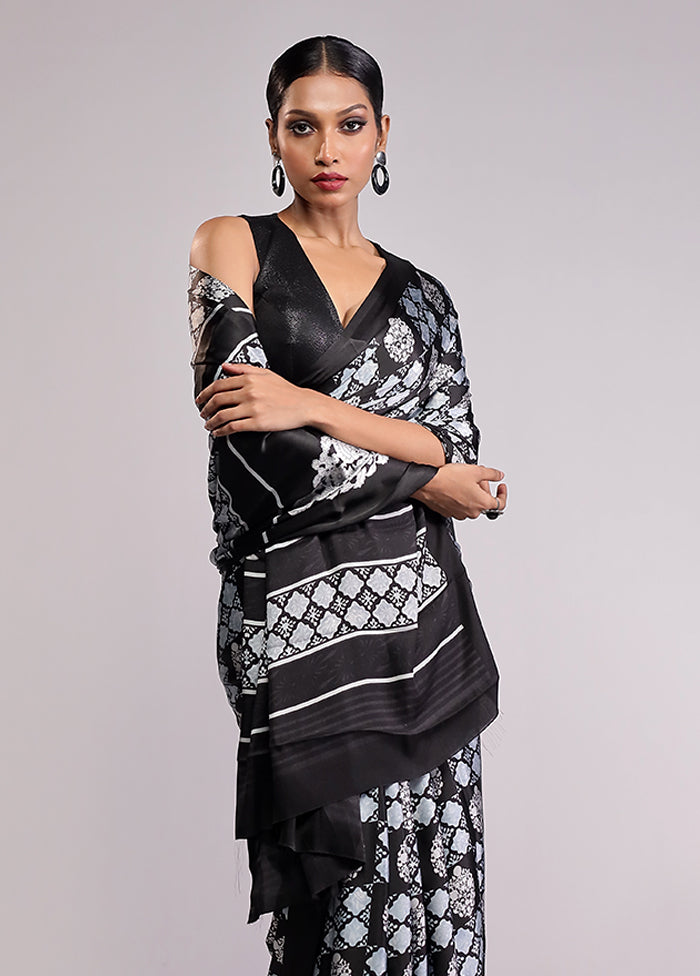 Black Printed Silk Saree Without Blouse Piece