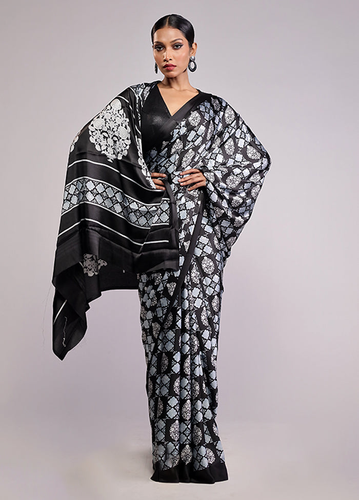 Black Printed Silk Saree Without Blouse Piece