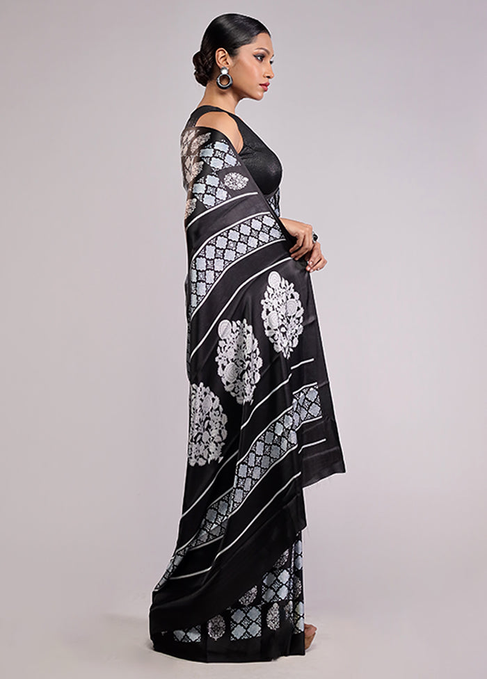 Black Printed Silk Saree Without Blouse Piece