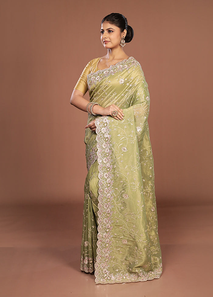 Green Handloom Chiffon Pure Silk Saree With Blouse Piece