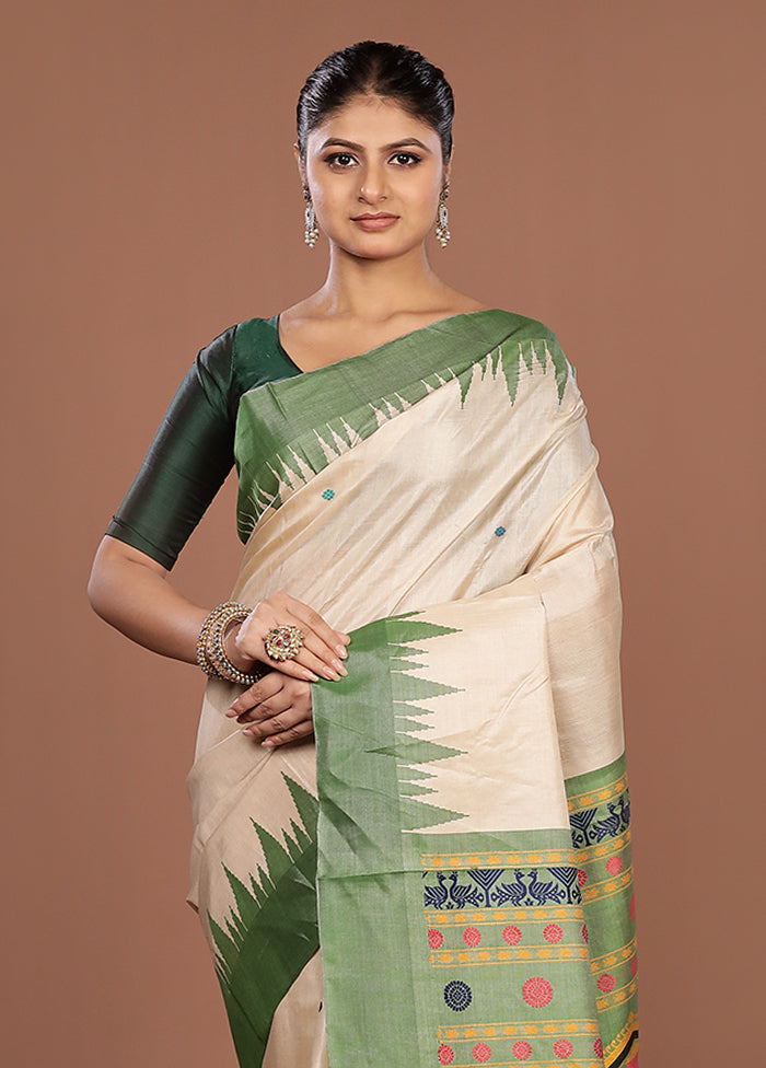 Cream Handloom Tussar Pure Silk Saree With Blouse Piece