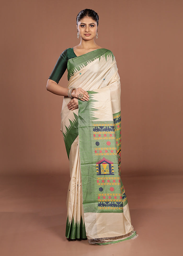 Cream Handloom Tussar Pure Silk Saree With Blouse Piece