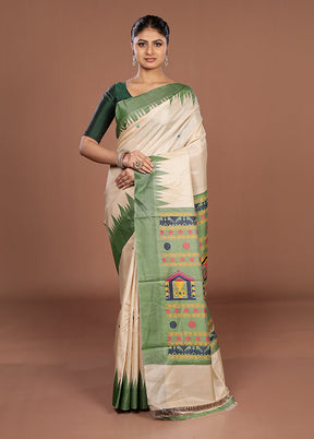 Cream Handloom Tussar Pure Silk Saree With Blouse Piece