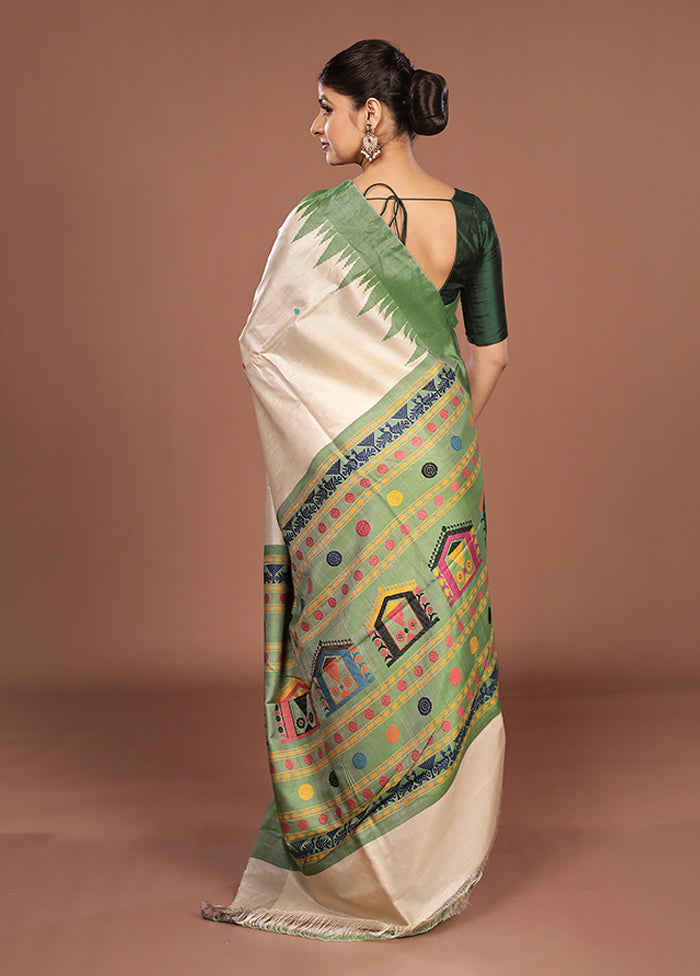 Cream Handloom Tussar Pure Silk Saree With Blouse Piece