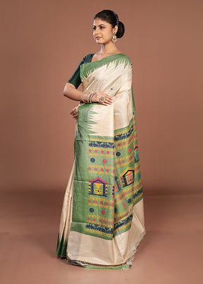 Cream Handloom Tussar Pure Silk Saree With Blouse Piece