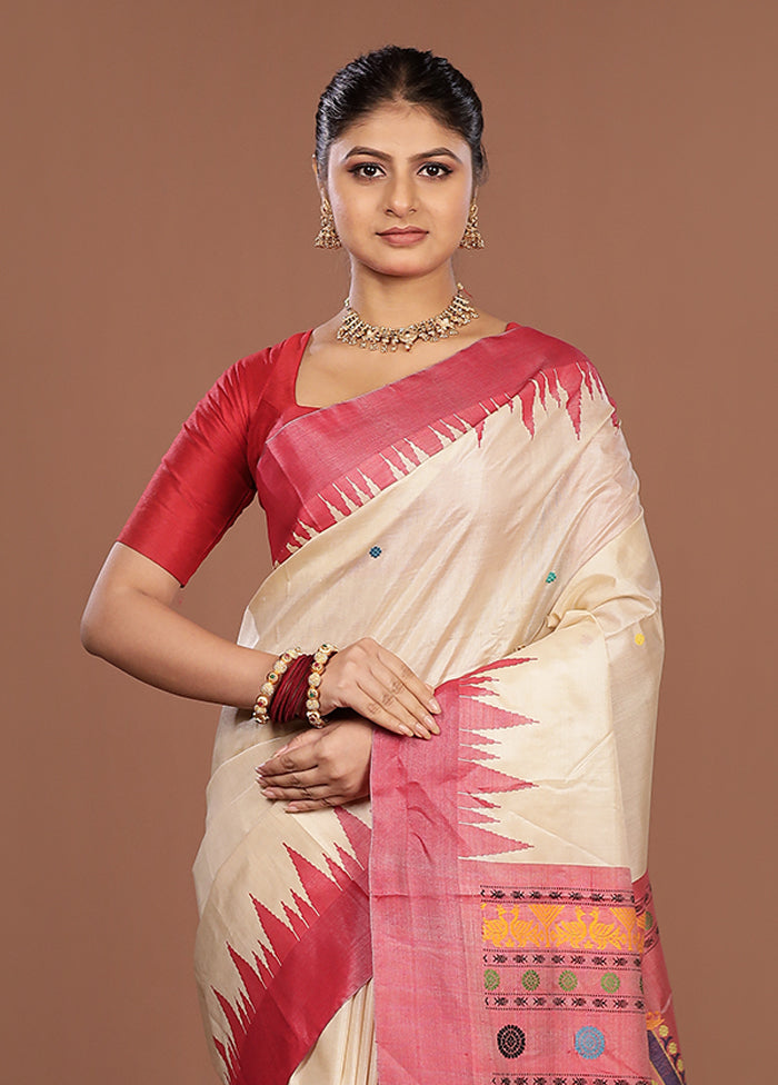 Cream Handloom Tussar Pure Silk Saree With Blouse Piece