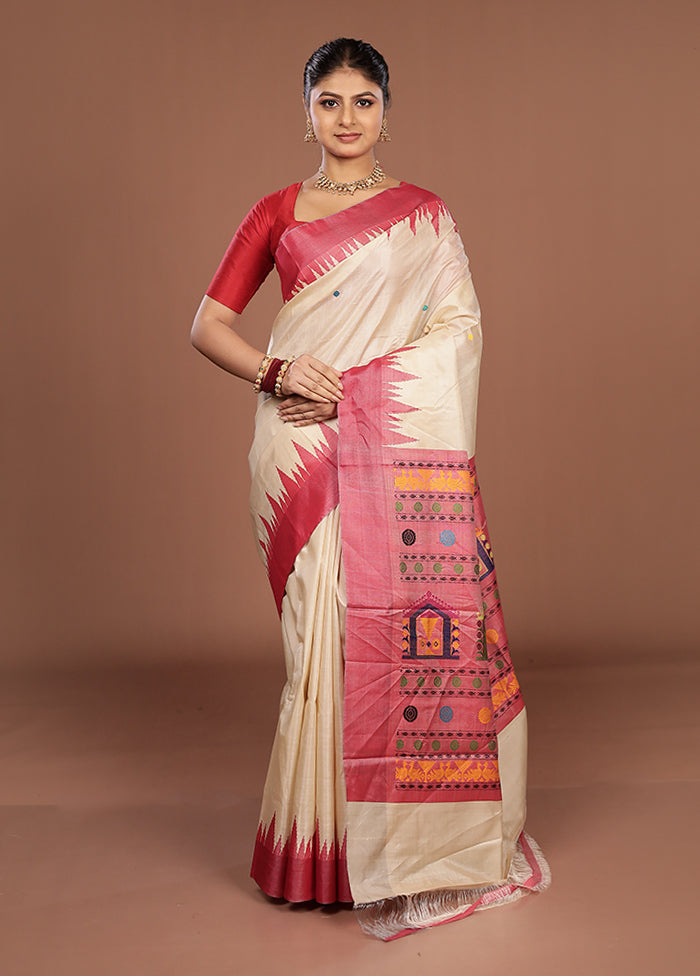 Cream Handloom Tussar Pure Silk Saree With Blouse Piece