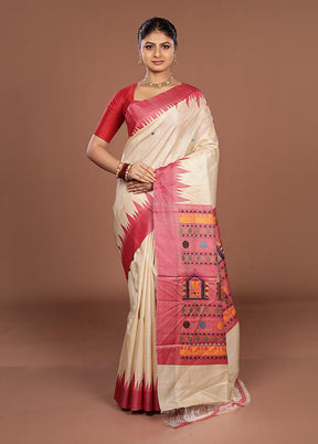 Cream Handloom Tussar Pure Silk Saree With Blouse Piece