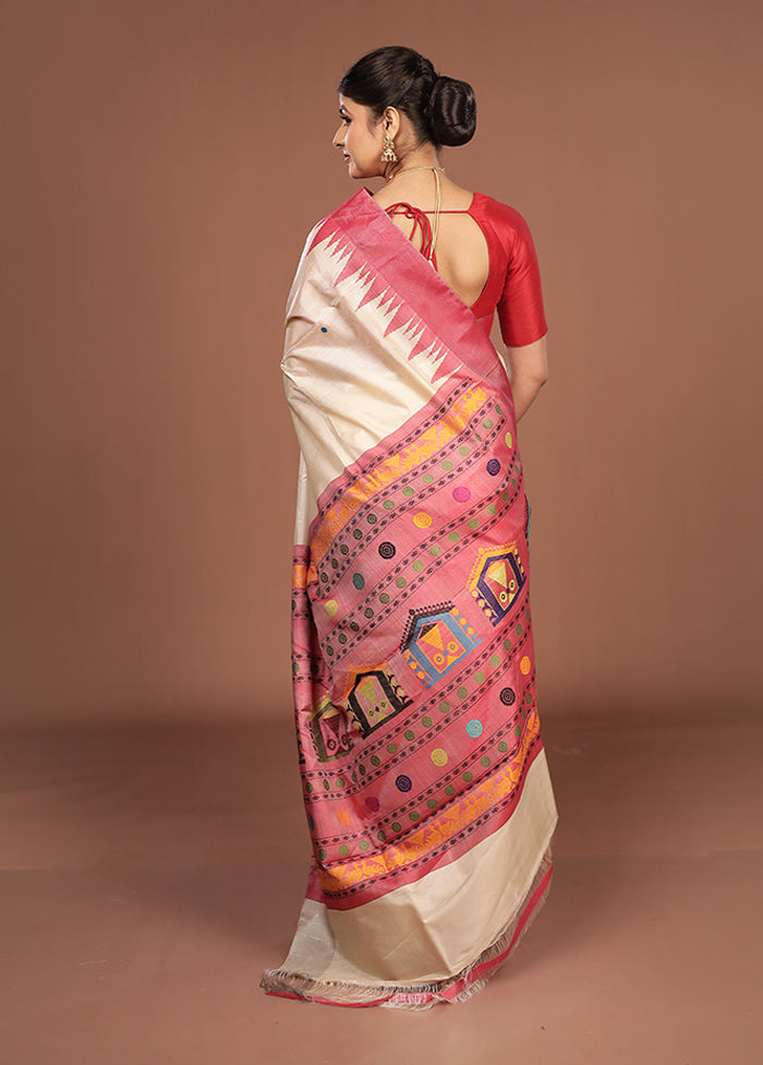 Cream Handloom Tussar Pure Silk Saree With Blouse Piece