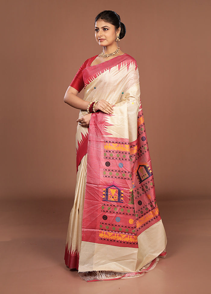 Cream Handloom Tussar Pure Silk Saree With Blouse Piece