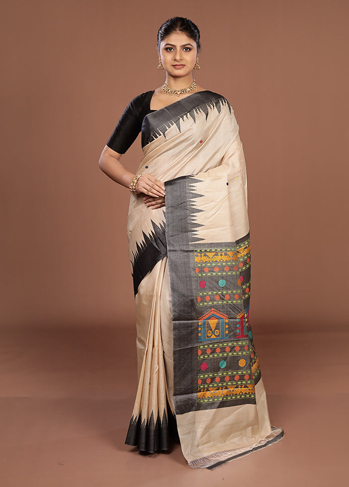 Cream Handloom Tussar Pure Silk Saree With Blouse Piece