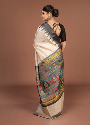 Cream Handloom Tussar Pure Silk Saree With Blouse Piece