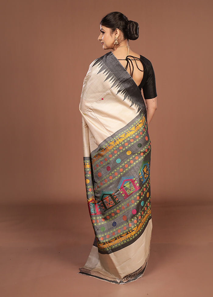 Cream Handloom Tussar Pure Silk Saree With Blouse Piece