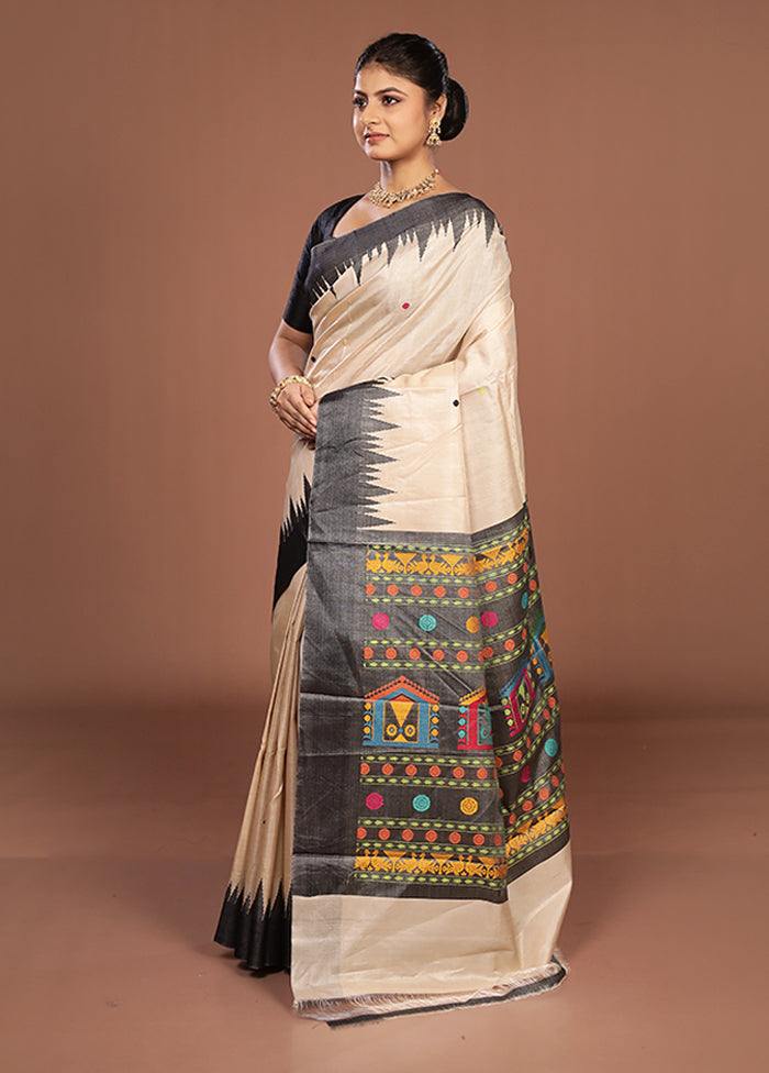 Cream Handloom Tussar Pure Silk Saree With Blouse Piece