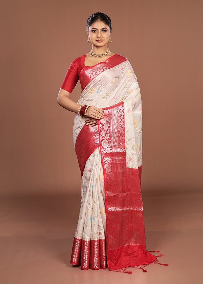 White Dupion Silk Saree With Blouse Piece