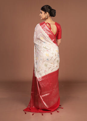 White Dupion Silk Saree With Blouse Piece