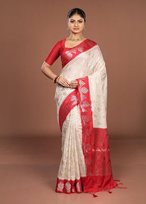 White Dupion Silk Saree With Blouse Piece