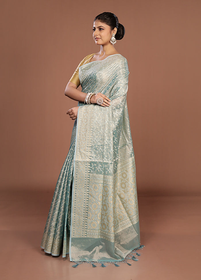Blue Tissue Silk Saree With Blouse Piece