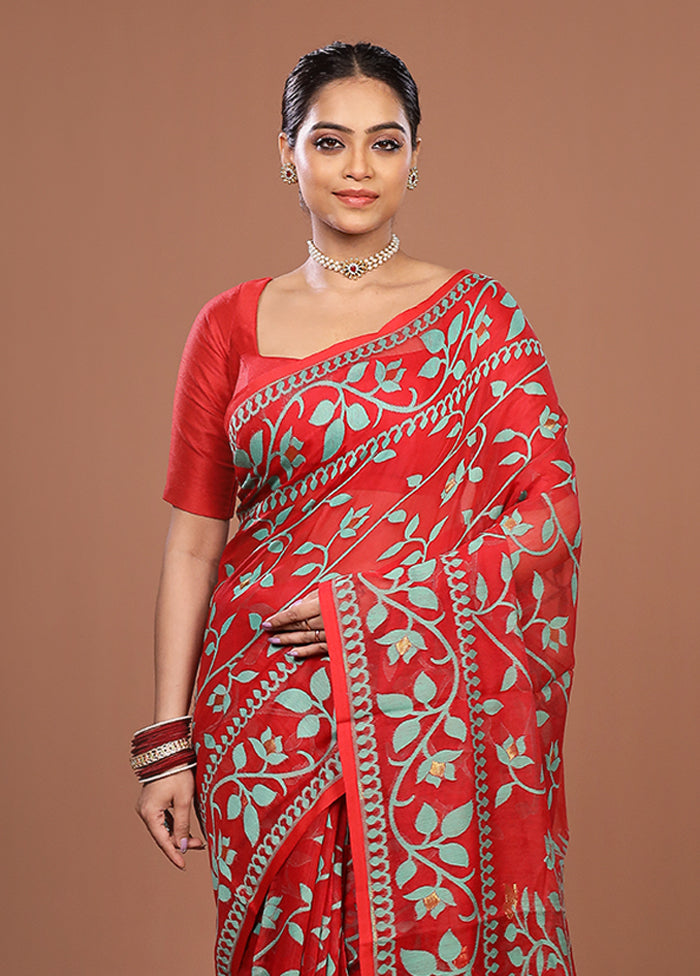 Red Jamdani Cotton Saree Without Blouse Piece