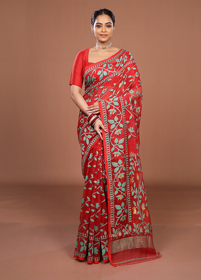 Red Jamdani Cotton Saree Without Blouse Piece