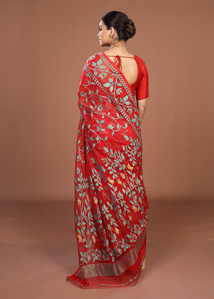 Red Jamdani Cotton Saree Without Blouse Piece