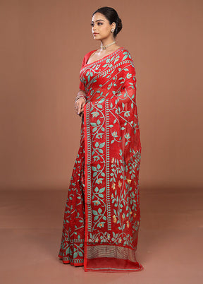 Red Jamdani Cotton Saree Without Blouse Piece