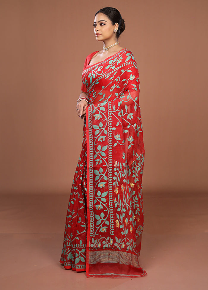 Red Jamdani Cotton Saree Without Blouse Piece