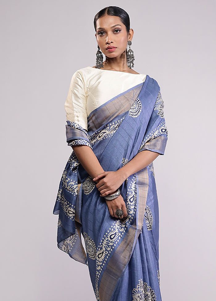 Blue Dupion Silk Saree With Blouse Piece
