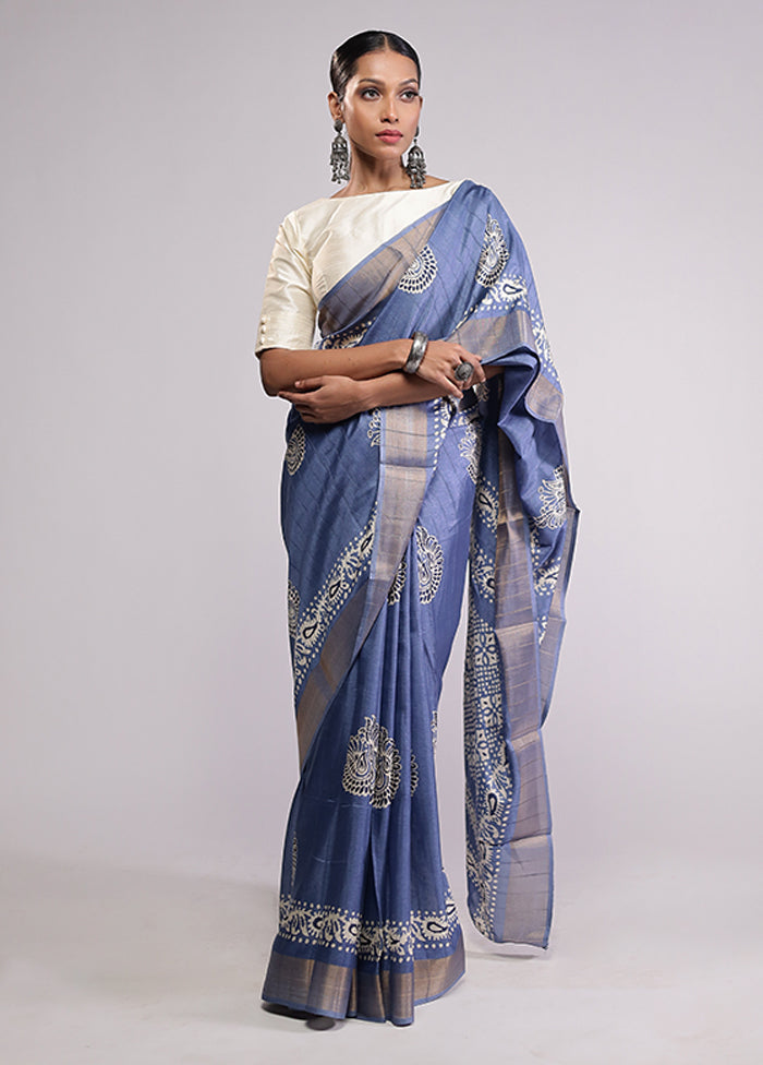 Blue Dupion Silk Saree With Blouse Piece