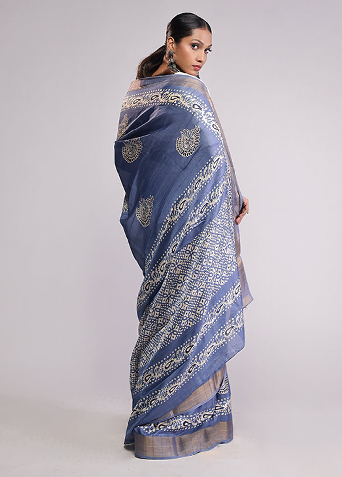 Blue Dupion Silk Saree With Blouse Piece