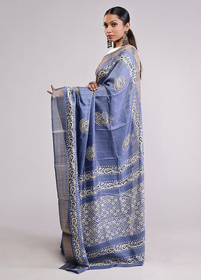 Blue Dupion Silk Saree With Blouse Piece