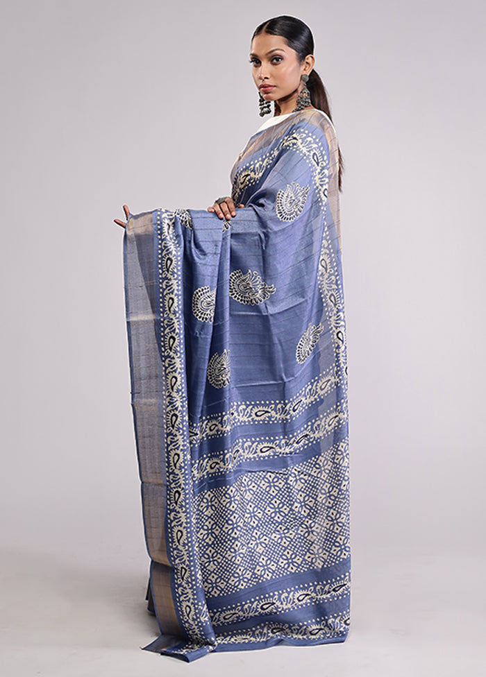 Blue Dupion Silk Saree With Blouse Piece