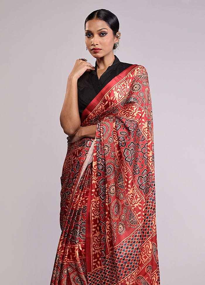 Maroon Printed Silk Saree Without Blouse Piece