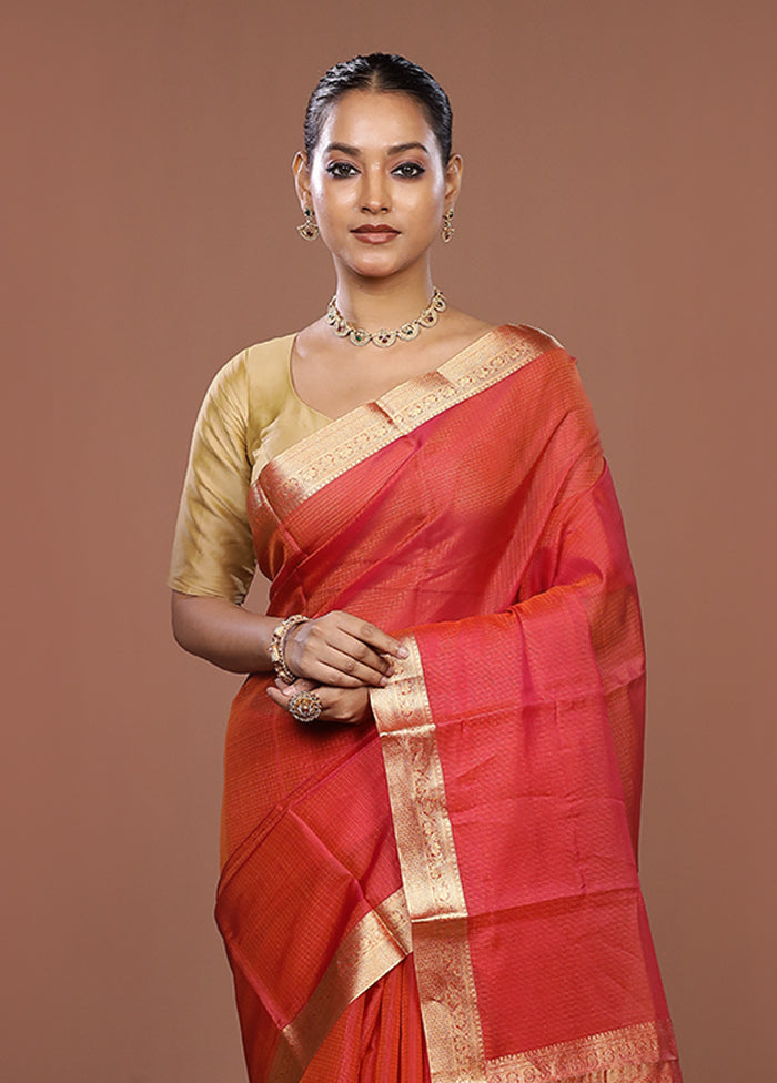 Pink Handloom Kanjivaram Pure Silk Saree With Blouse Piece