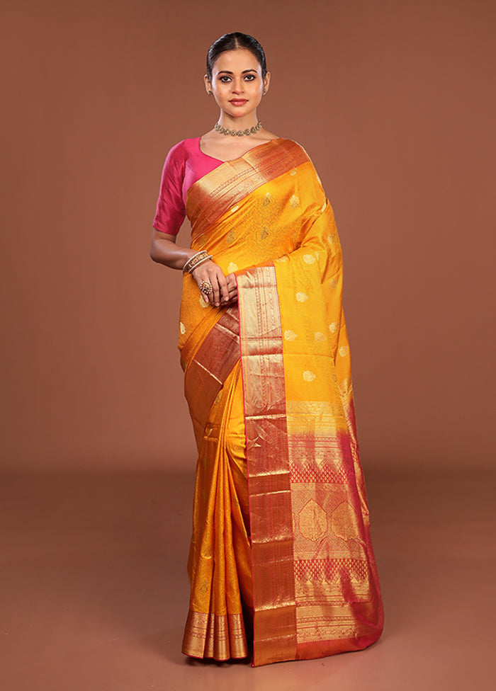 Yellow Handloom Kanchipuram Pure Silk Saree With Blouse Piece