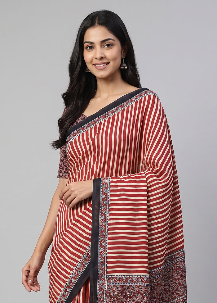 Red Printed Silk Saree Without Blouse Piece