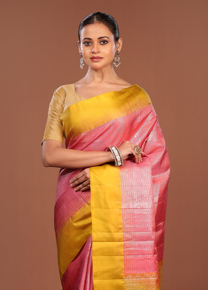 Pink Handloom Kanchipuram Pure Silk Saree With Blouse Piece