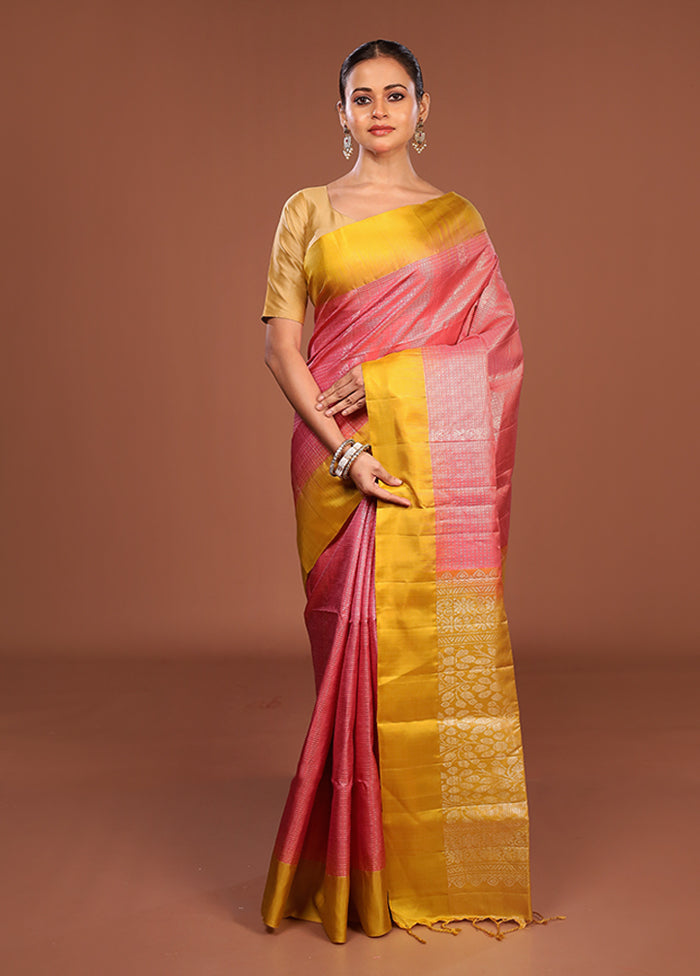 Pink Handloom Kanchipuram Pure Silk Saree With Blouse Piece