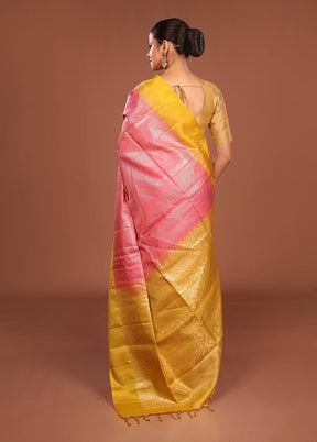 Pink Handloom Kanchipuram Pure Silk Saree With Blouse Piece
