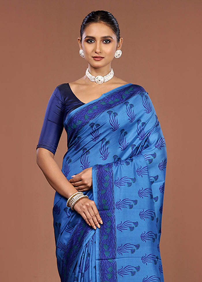 Blue Printed Pure Silk Saree Without Blouse Piece
