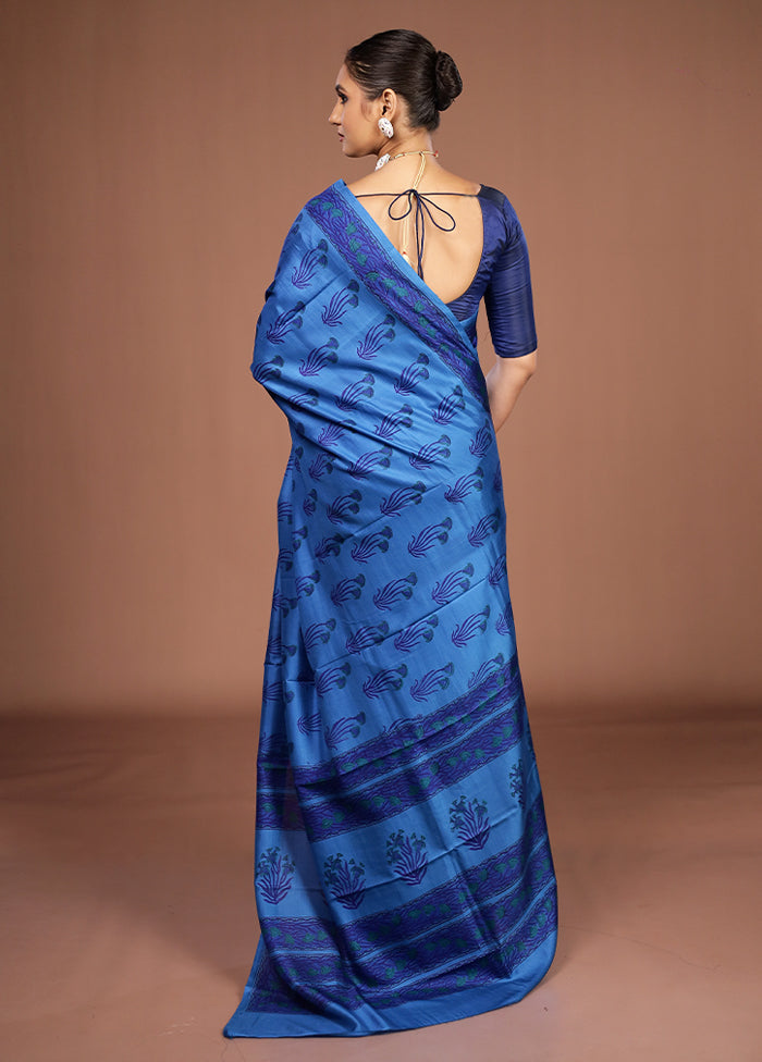 Blue Printed Pure Silk Saree Without Blouse Piece
