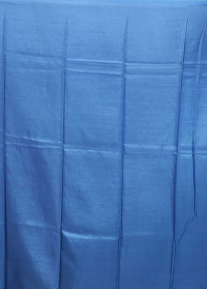Blue Printed Pure Silk Saree Without Blouse Piece