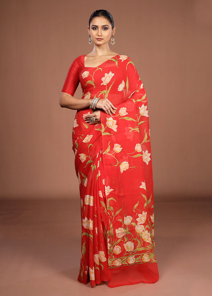 Red Handloom Chiffon Pure Silk Saree With Blouse Piece