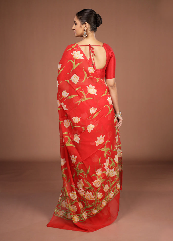 Red Handloom Chiffon Pure Silk Saree With Blouse Piece