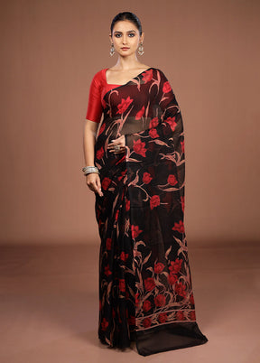 Black Handloom Chiffon Pure Silk Saree With Blouse Piece