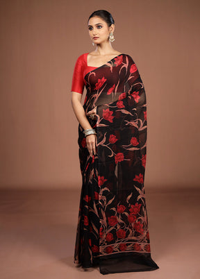 Black Handloom Chiffon Pure Silk Saree With Blouse Piece