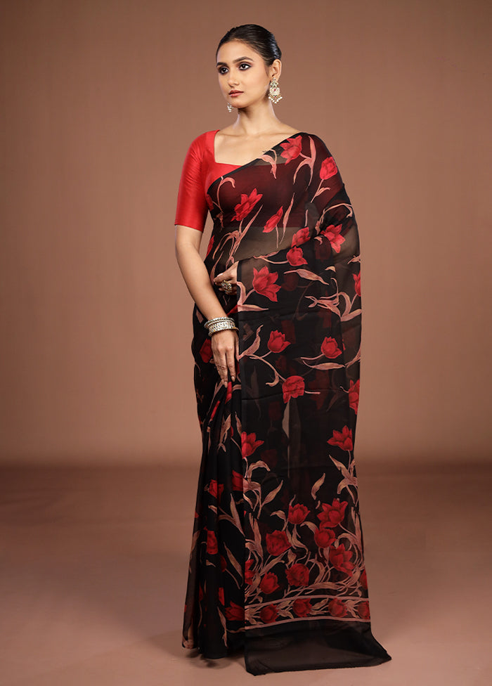 Black Handloom Chiffon Pure Silk Saree With Blouse Piece