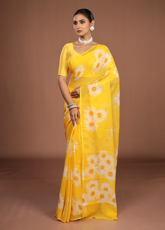 Yellow Handloom Chiffon Pure Silk Saree With Blouse Piece